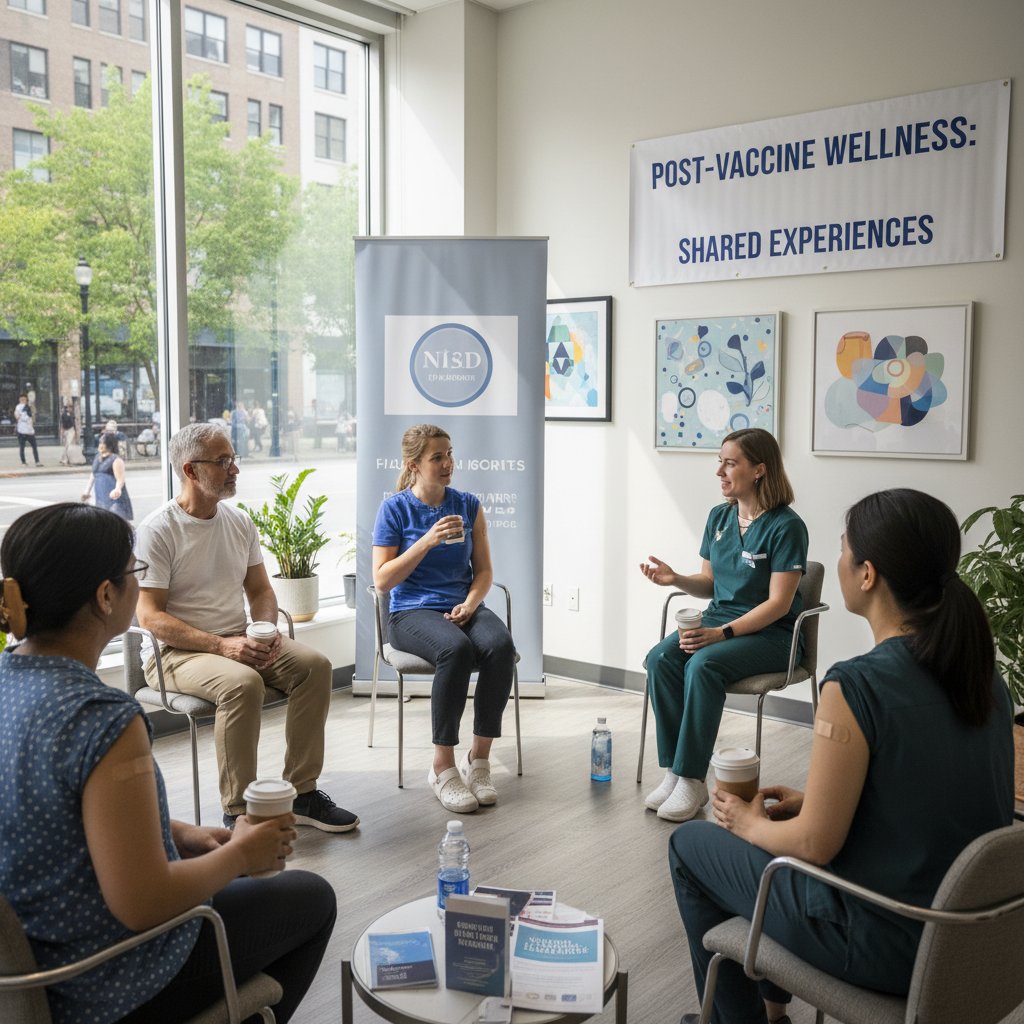 Grupa wsparcia w miejskim centrum zdrowia, wspólna rozmowa po szczepieniu