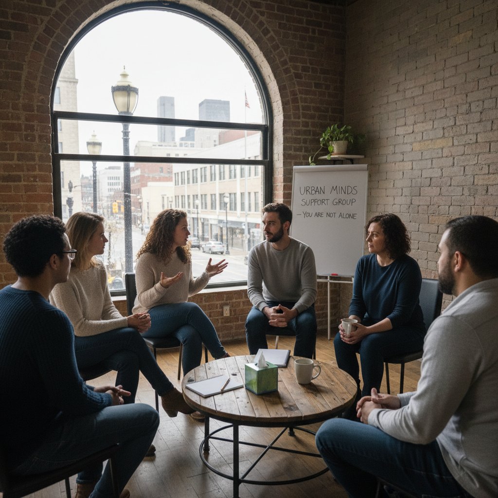 Spotkanie grupy wsparcia w przestrzeni miejskiej, rozmowy twarzą w twarz i przez smartfony