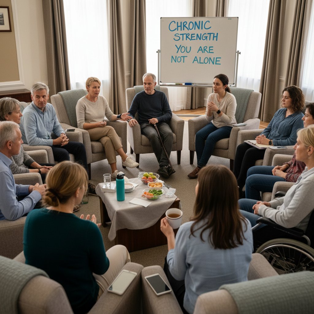 Trzy osoby w różnym wieku, każda z widocznymi oznakami choroby, wspierające się nawzajem