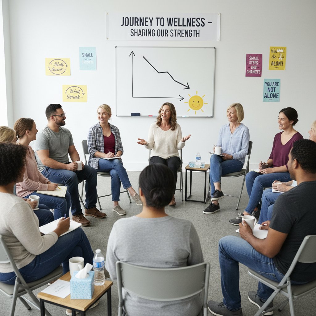 Grupa wsparcia podczas spotkania, dzielenie się doświadczeniami związanymi z utratą wagi