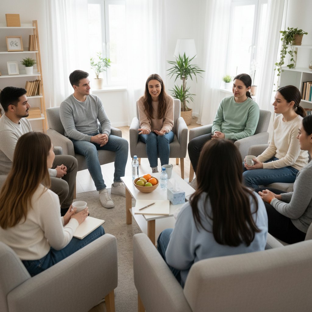 Wspólnota wsparcia dla osób z impulsywnością, grupa młodych osób na spotkaniu