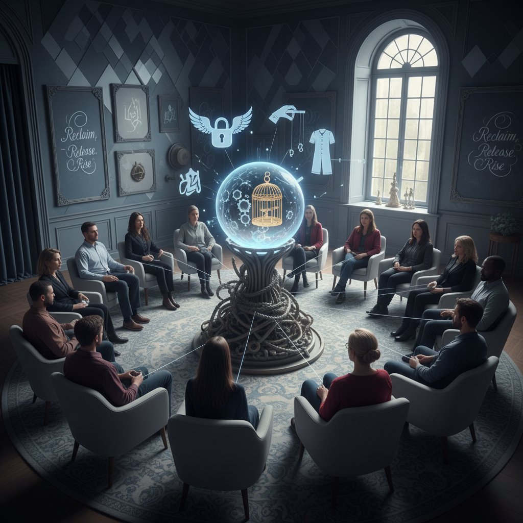 Zbliżenie na ręce uczestników trzymających się w zamkniętym kręgu, symbolizujące zarówno wspólnotę, jak i potencjalną kontrolę