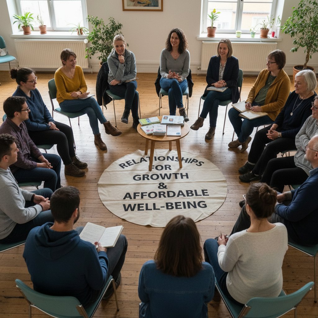 Diverse group of adults in support group circle, discussing relationships, affordable improvement