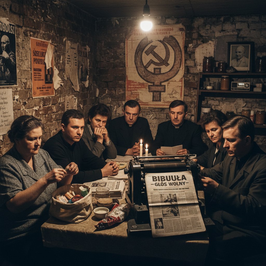 Stare zdjęcie spotkania grupy wsparcia w PRL, atmosfera napięcia, słowa kluczowe: historia grup wsparcia, Polska