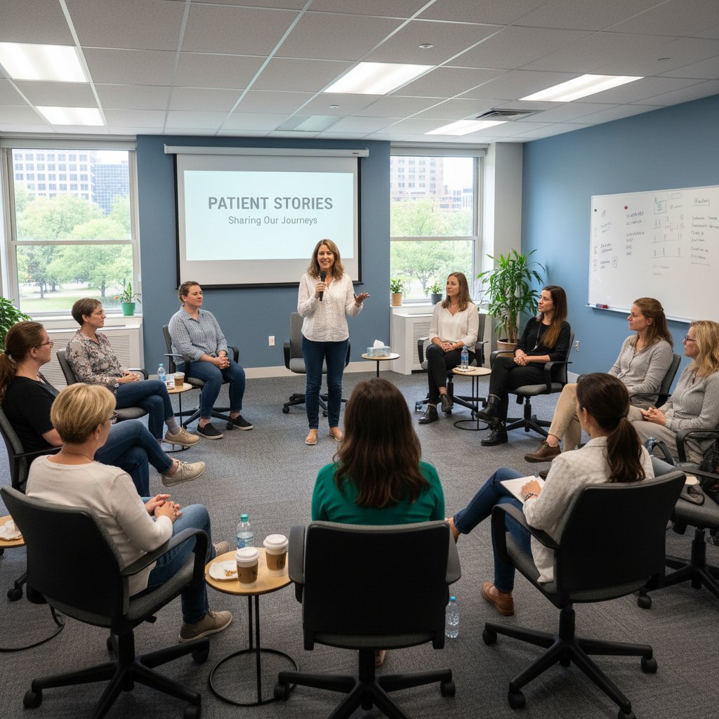 Spotkanie grupy wsparcia w neutralnym gabinecie, symbolizujące prawdziwe historie pacjentów