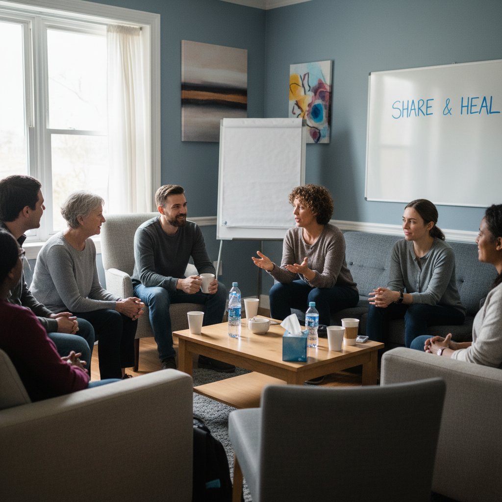 Grupa osób na spotkaniu wsparcia, rozmawiających i wymieniających się doświadczeniami