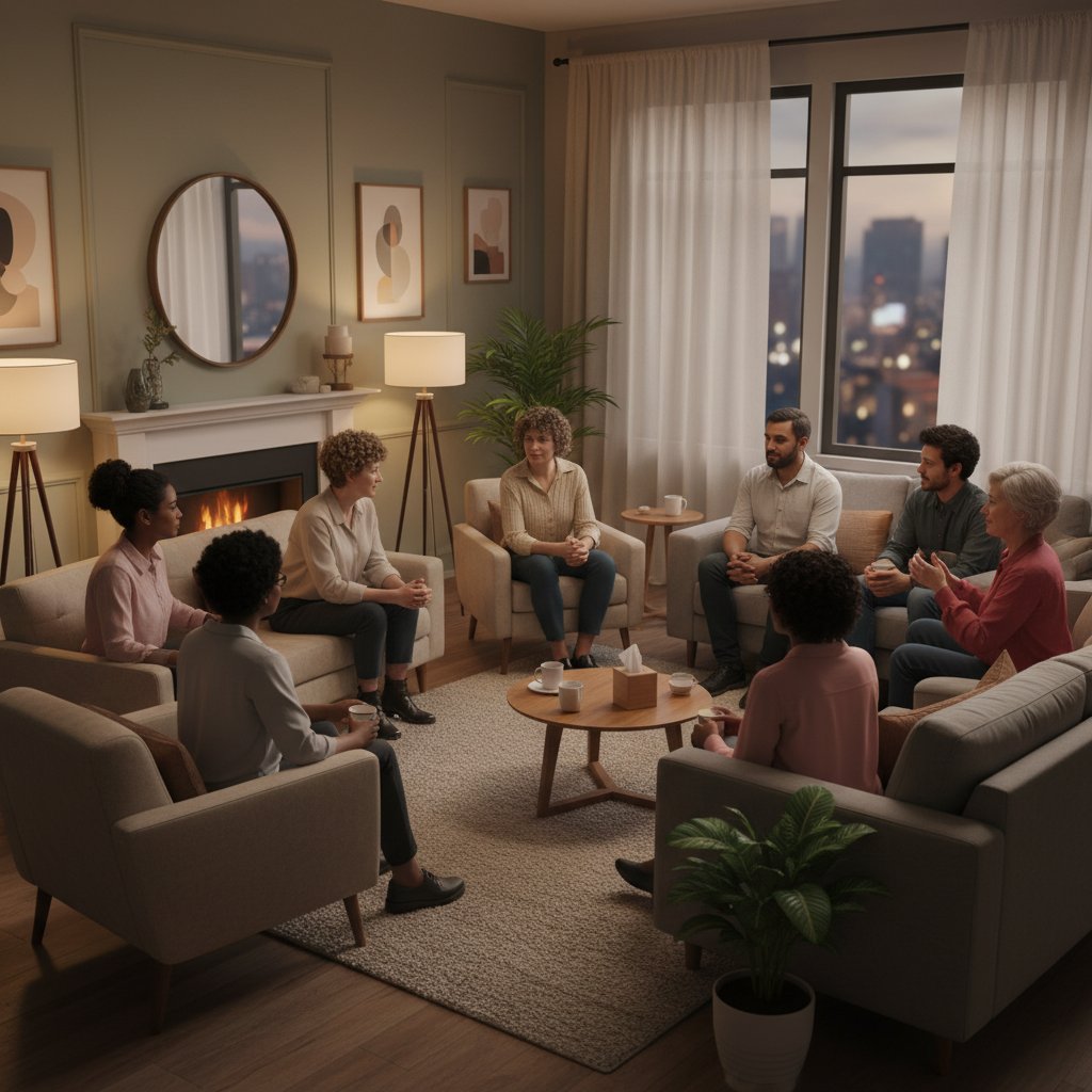 Grupa wsparcia dla osób na hormonoterapii w przytulnym wnętrzu.