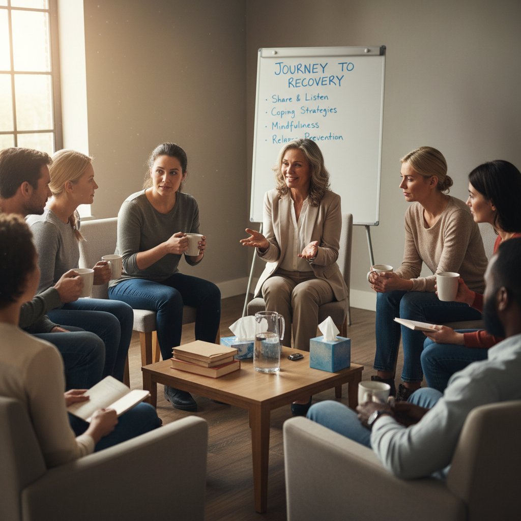 Sesja terapeutyczna grupy wsparcia, terapeuta i uczestnicy, leczenie uzależnienia od alkoholu