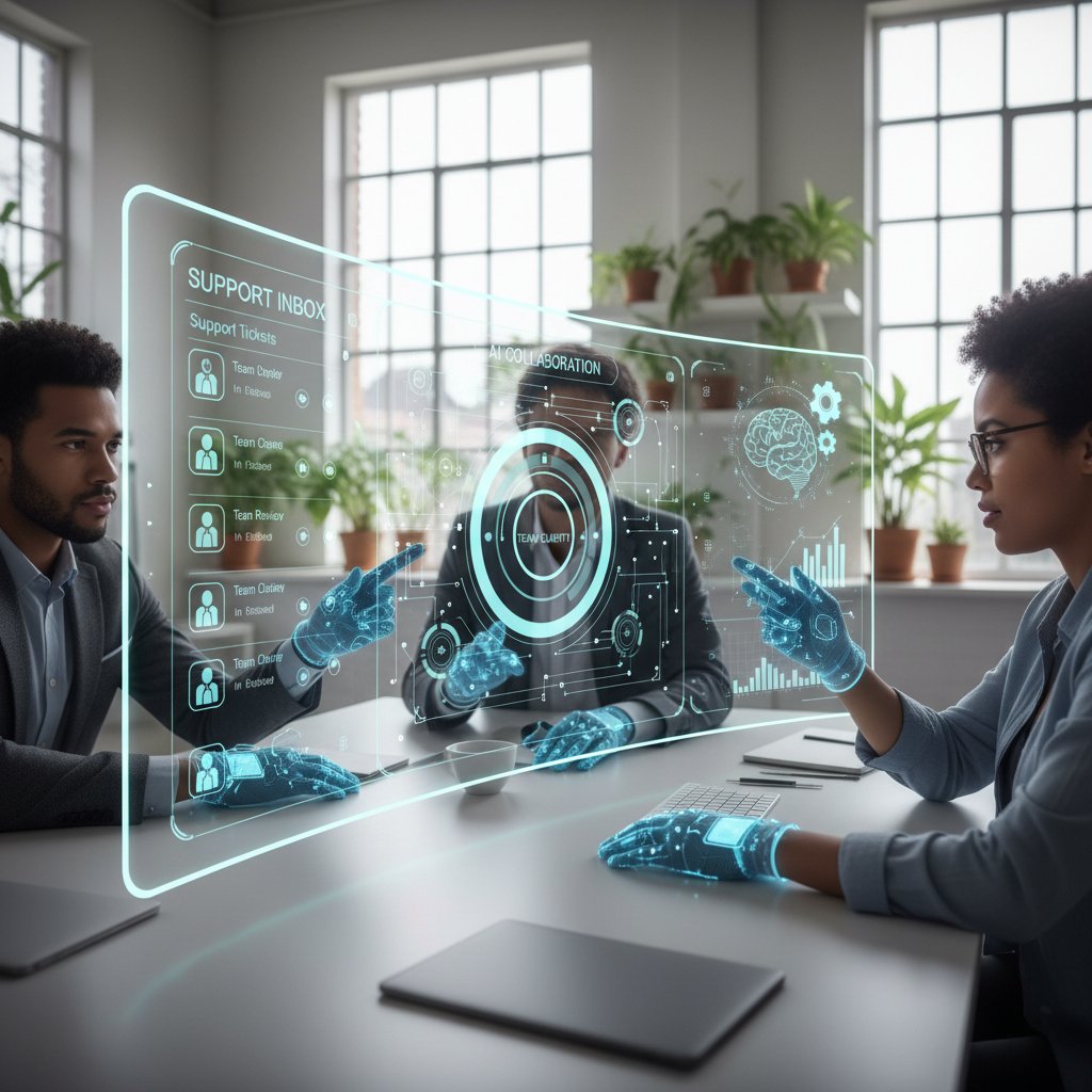 Photo of a calm, collaborative enterprise team working with AI hologram assistant, emails organized on transparent screens, illustrating inbox clarity