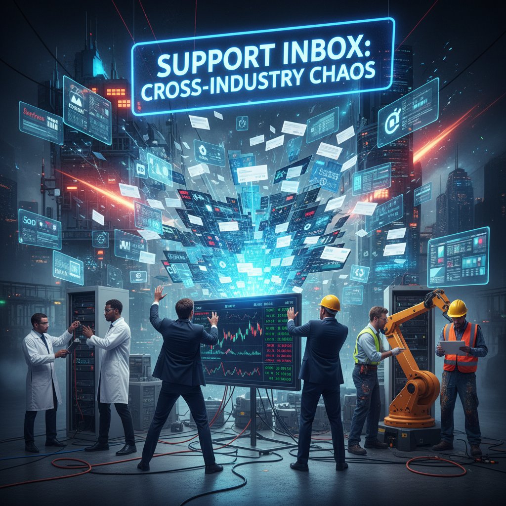 Photo of diverse enterprise workers in healthcare, finance, and tech offices, each surrounded by mess of overflowing support inbox papers and laptops