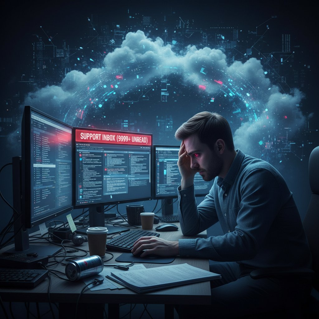 Photo of exhausted support worker rubbing eyes in front of glowing monitor with dozens of unread email icons, conveying digital fatigue