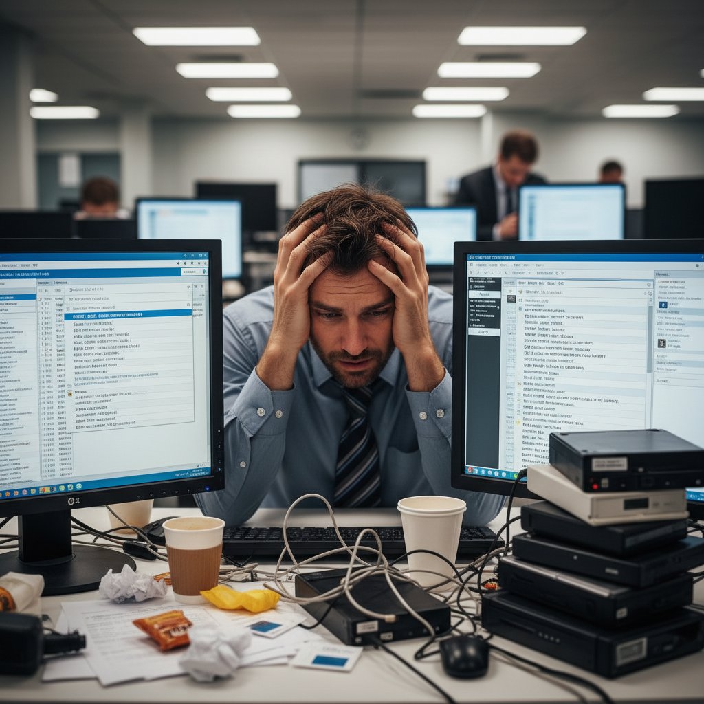 Photo of stressed business professional in a chaotic office with overflowing emails and a missed message notification, symbolizing support inbox disaster