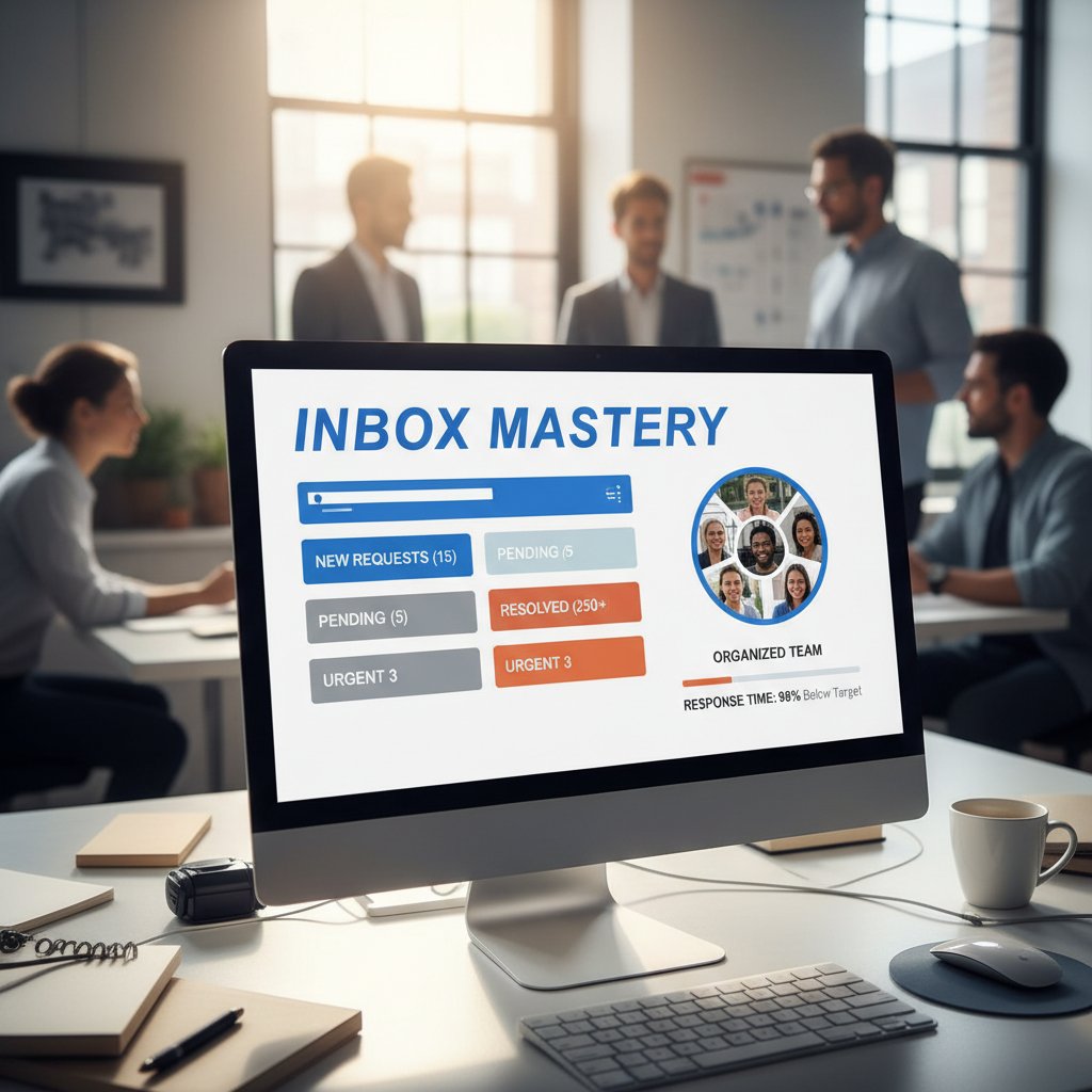 Photo of determined professional standing in front of an organized digital inbox dashboard, team in background, showing mastery over support inbox