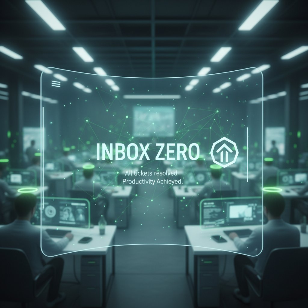 Photo of businessperson staring triumphantly at a perfectly empty inbox screen, surrounded by colleagues with overflowing inboxes, illustrating the inbox zero myth