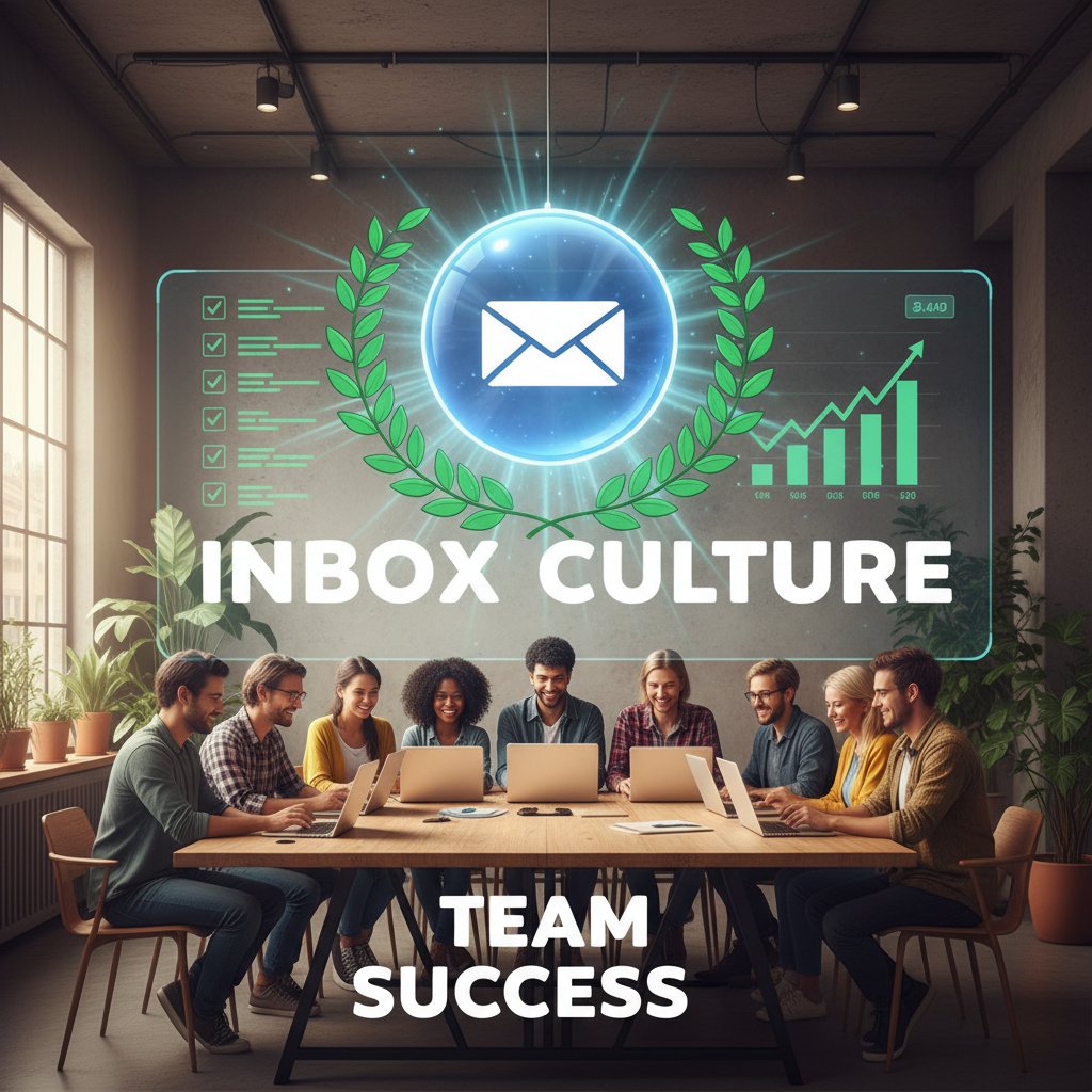 Photo of diverse enterprise team celebrating in a modern office, support inbox projected on wall with “All Clear” banner, symbolizing inbox culture success