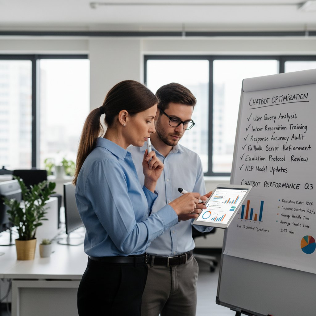 A support manager marking items on a whiteboard checklist, chatbot performance stats visible