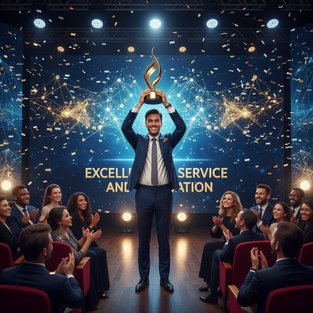 Support team member receiving an award at a ceremony, celebrating excellence in client support roles