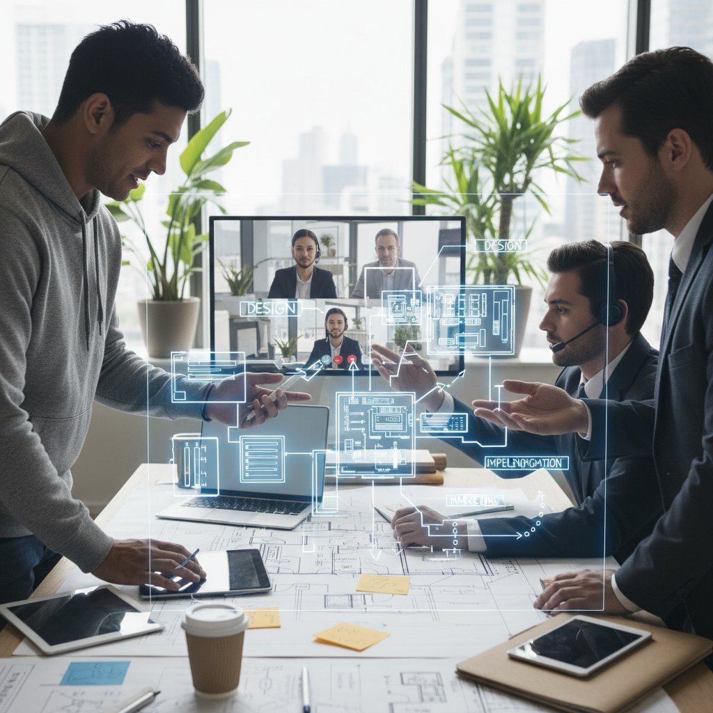 Photo of team sketching support project blueprint with digital and physical tools