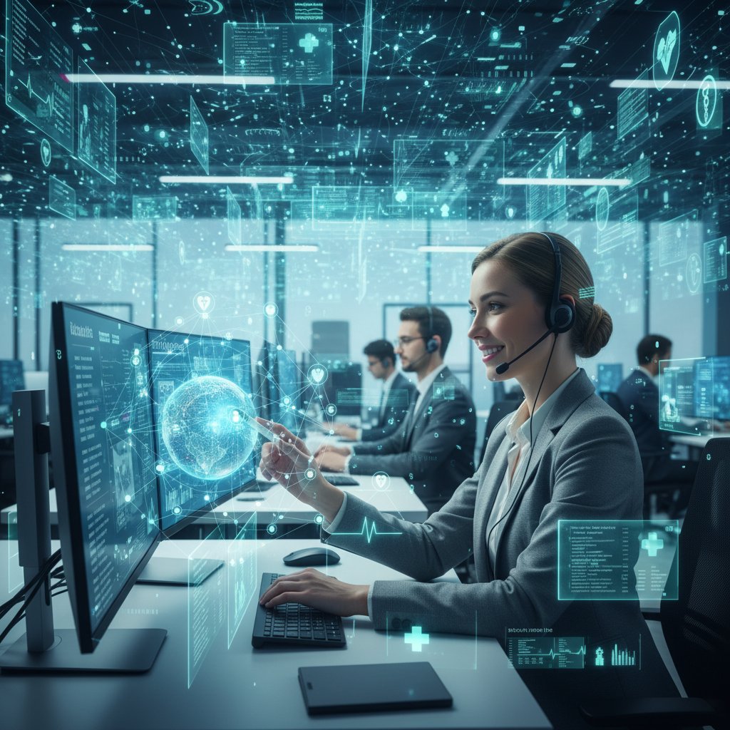 Support representative assisting in healthcare setting with digital data overlay