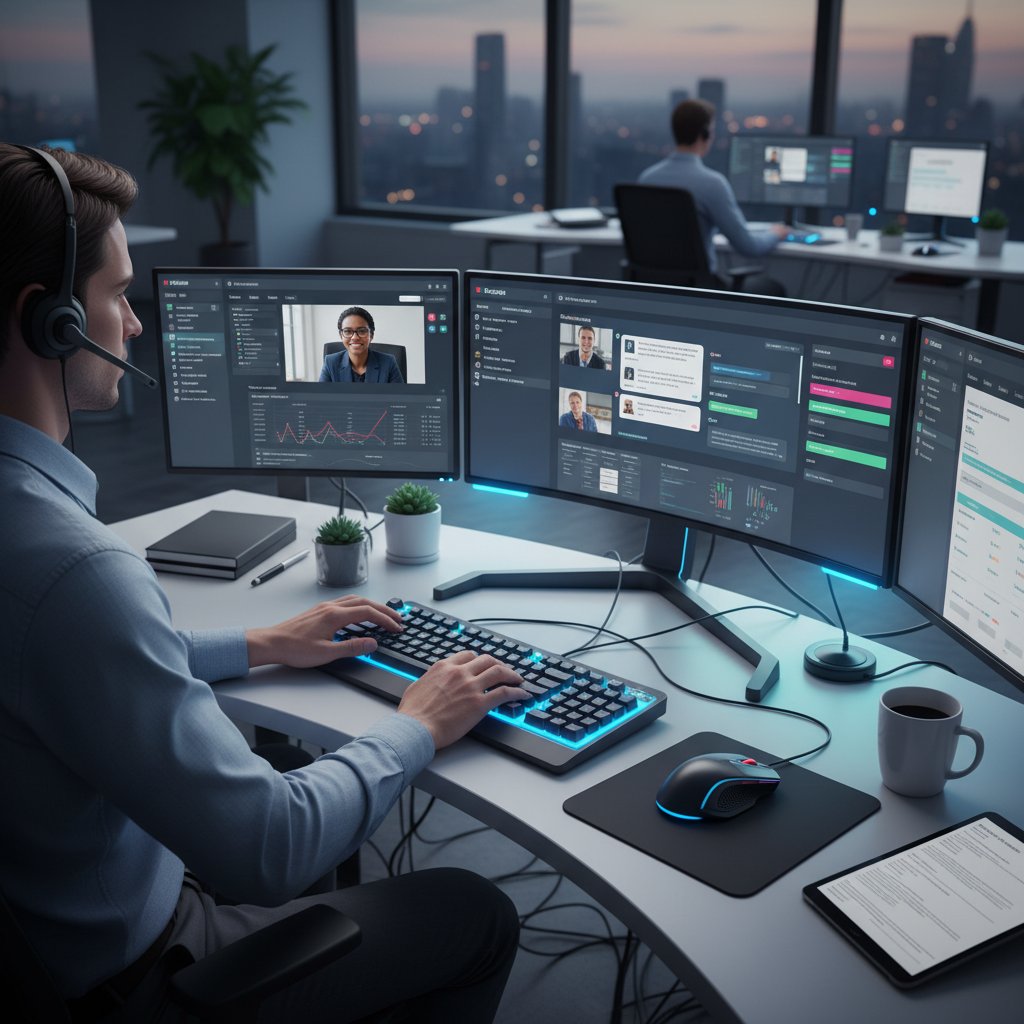 Support representative multitasking in a digital workspace, surrounded by glowing notifications and monitors