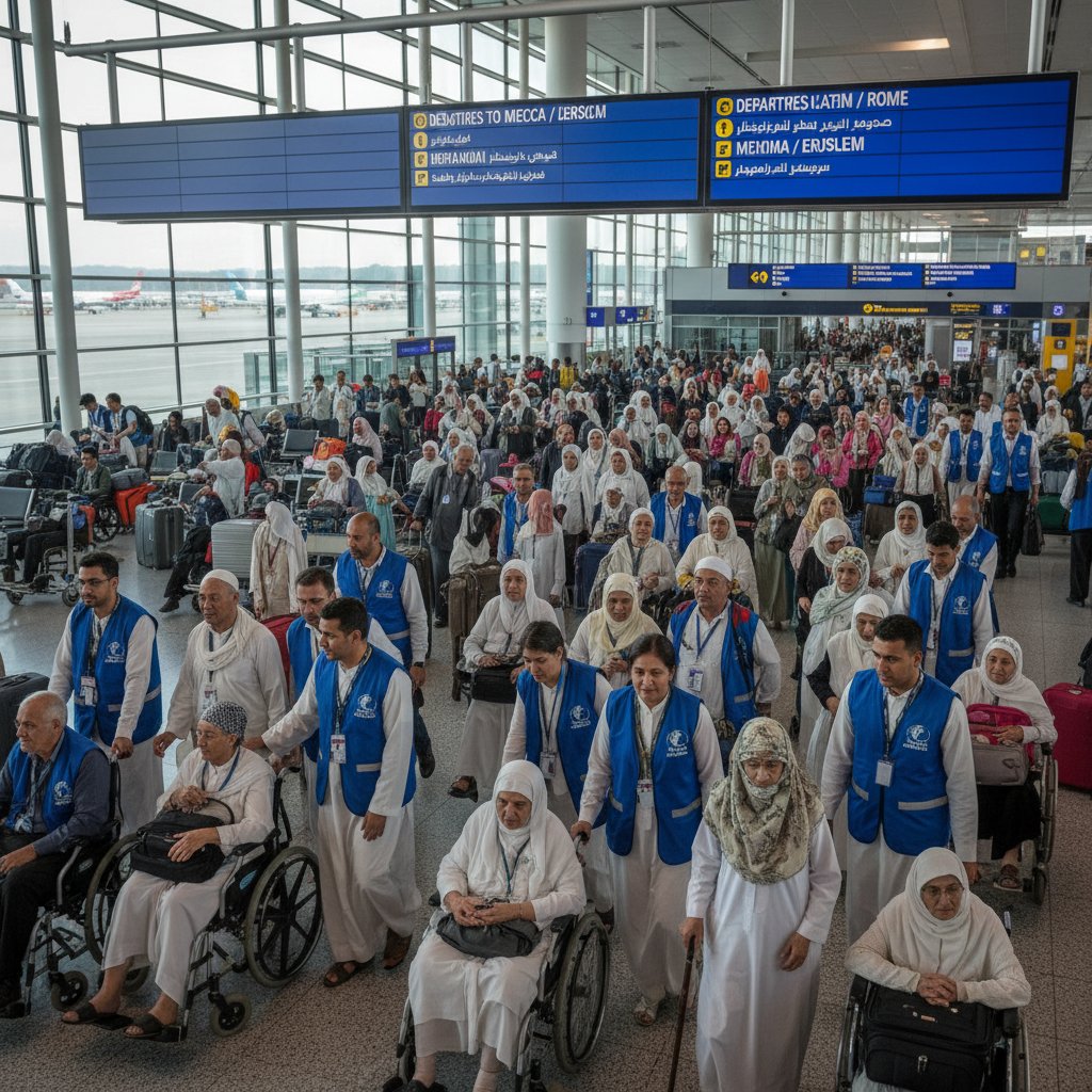 Support staff assisting elderly pilgrims at an airport during a religious journey