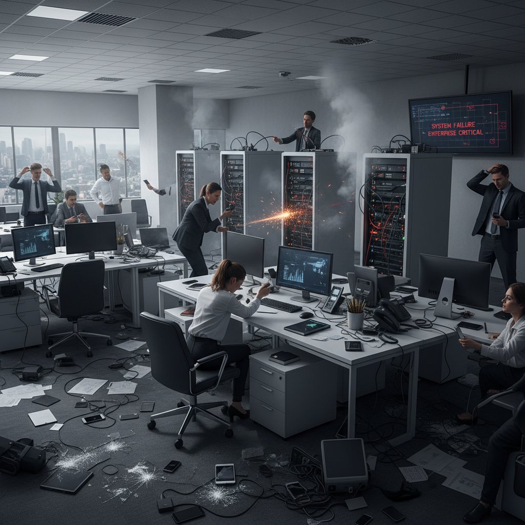 Support system failure in enterprise environment, broken phone lines, digital chaos
