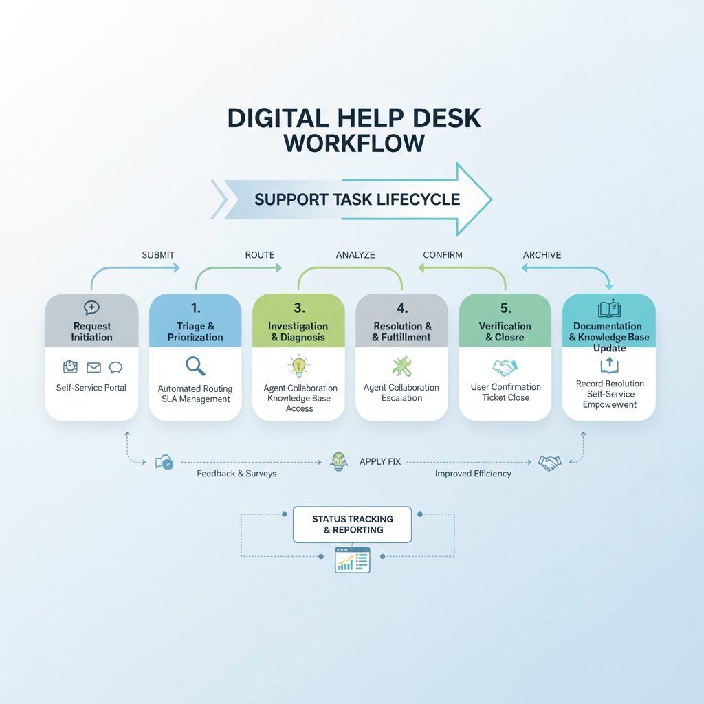 Photo of support worker at a help desk receiving and processing digital requests