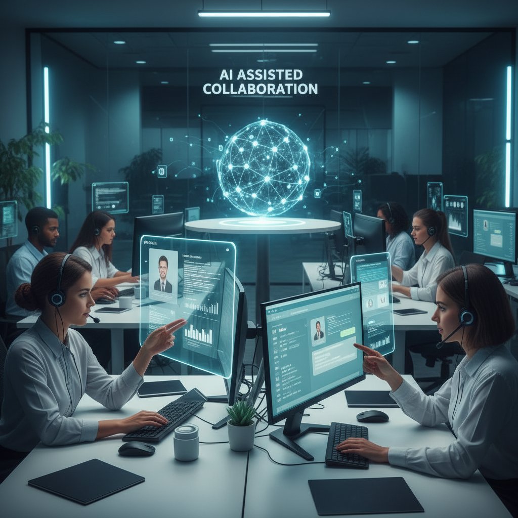 Support team collaborating with AI tools, symbolizing blend of human and automated customer service