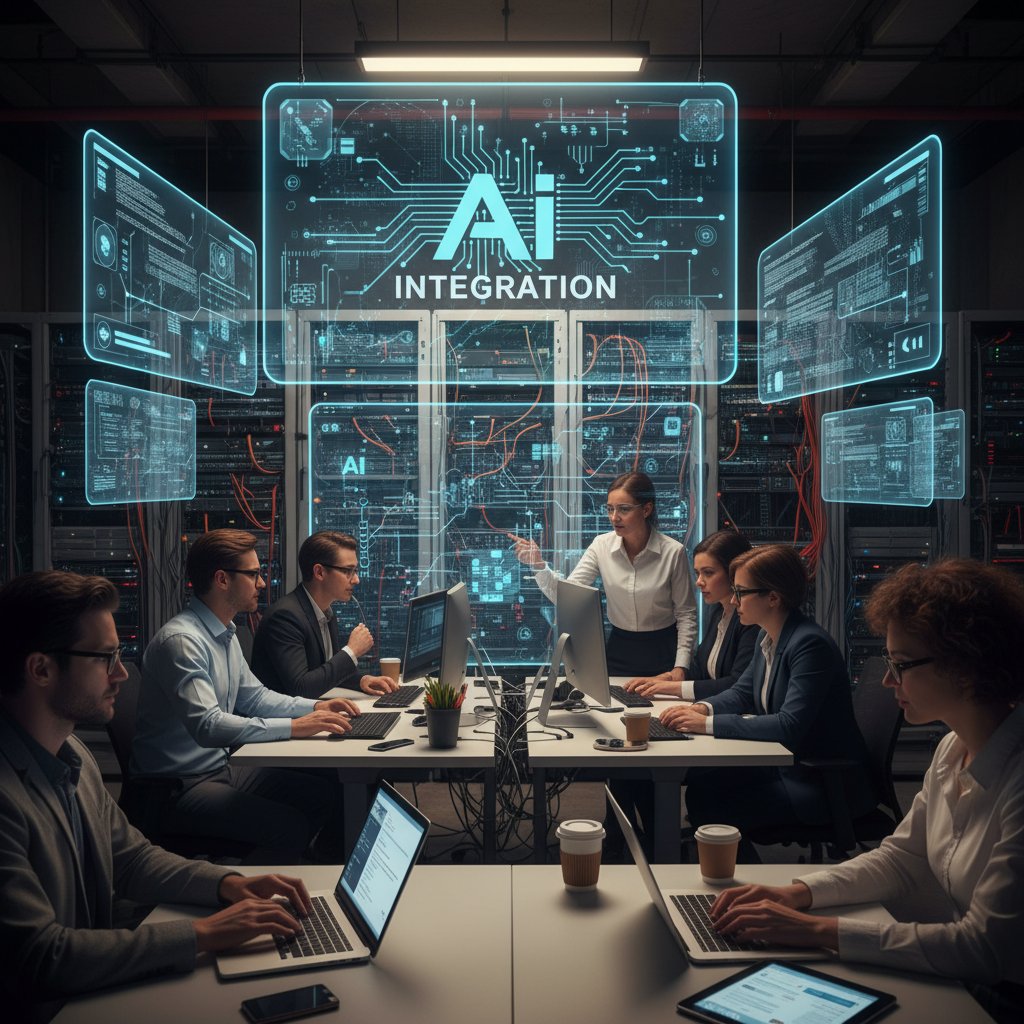 Support team collaborating on integrating AI with legacy software systems