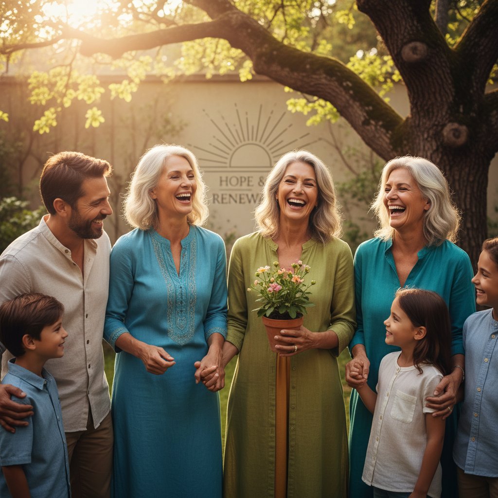 Kobieta po 50. roku życia siedząca z bliskimi, symbol wsparcia i nadziei po diagnozie