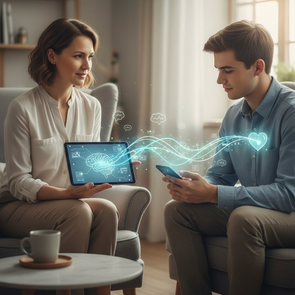 Pracownik linii wsparcia i osoba korzystająca z aplikacji AI, dwa światy połączone jednym celem