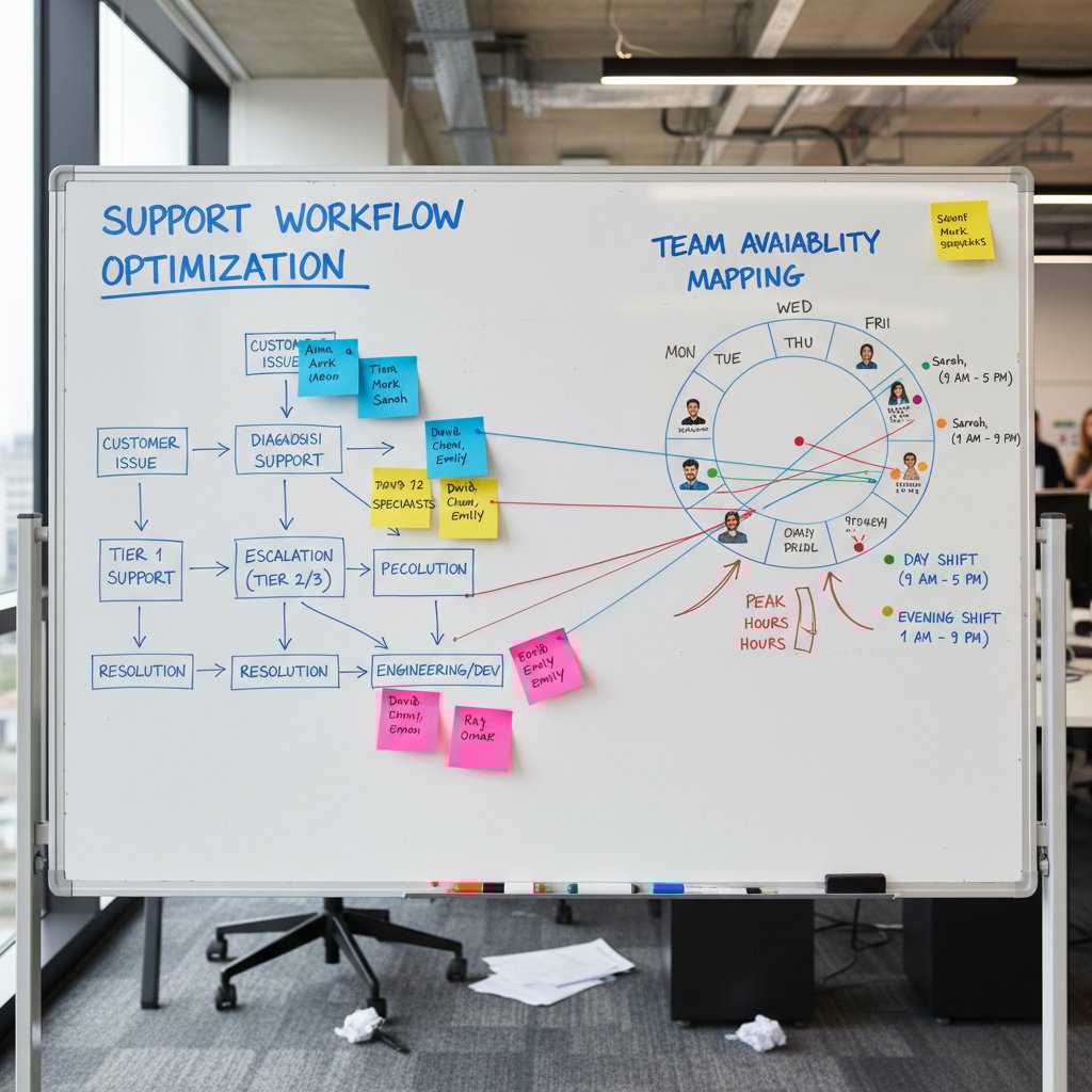 Photo of office whiteboard with team mapping processes, symbolizing support workflow planning