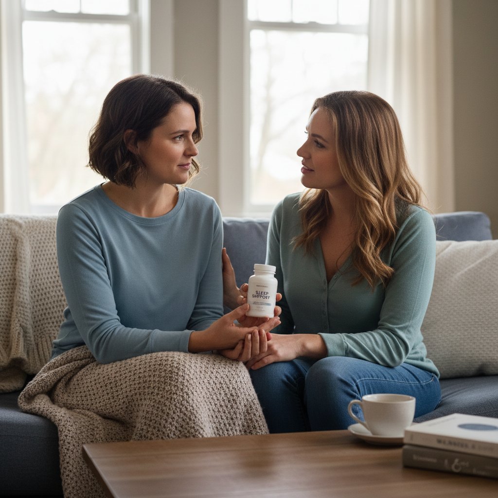 Rozmowa dwóch osób w domowym zaciszu, atmosfera wsparcia, temat trudnych emocji i leków