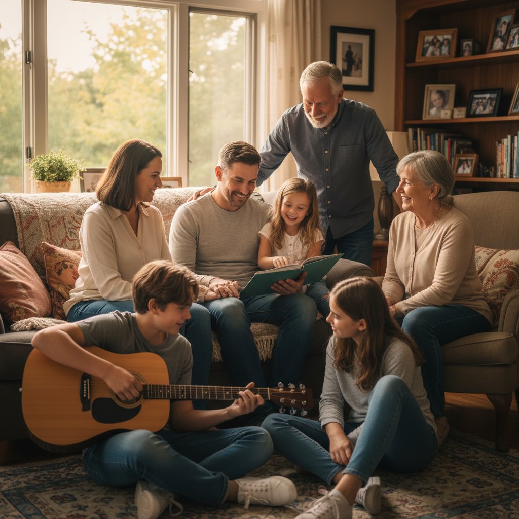 Rodzina wspierająca osobę po urazie mózgu w ciepłej, domowej atmosferze