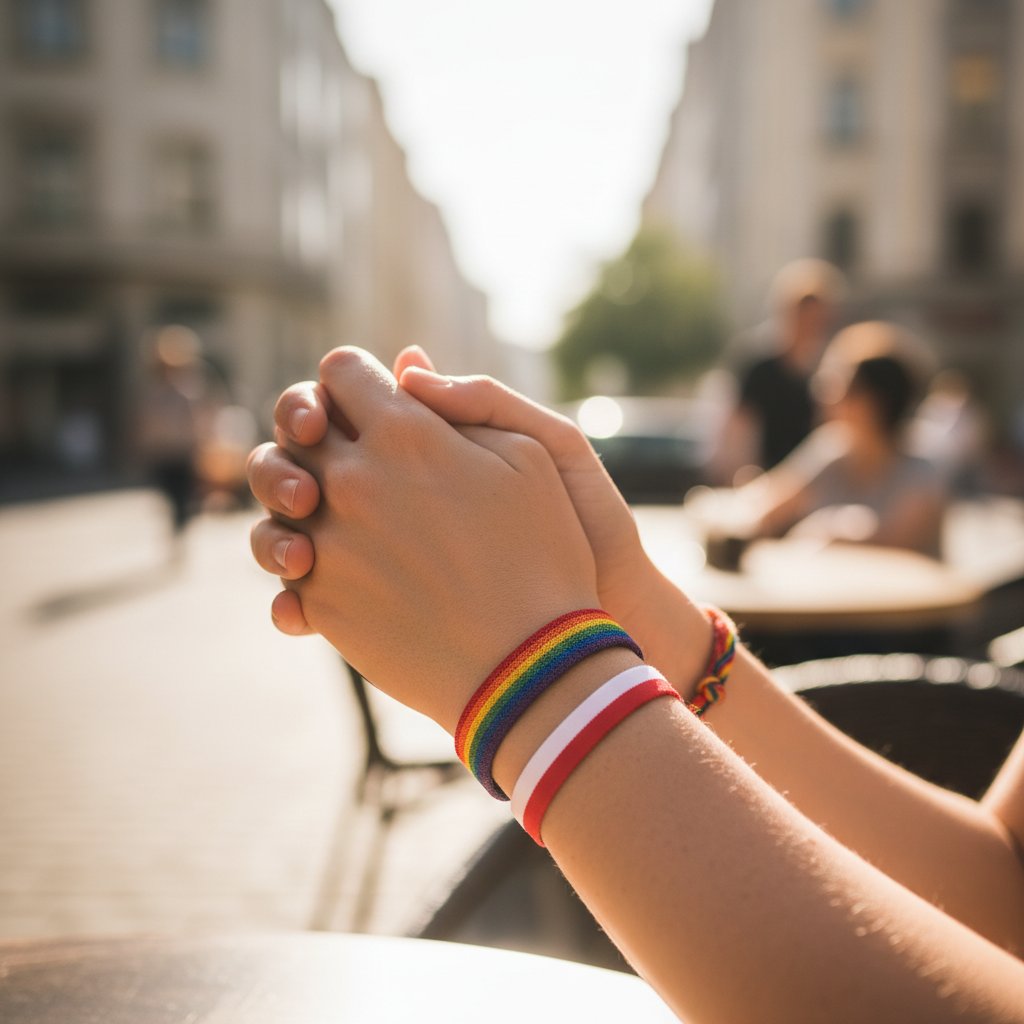 Ręka wyciągnięta w geście wsparcia, tęczowa opaska, symbol sojusznictwa, Polska