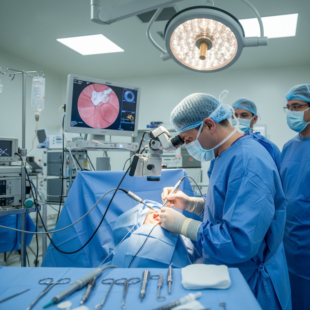 Chirurg w trakcie operacji wszczepienia implantu ślimakowego, sala operacyjna