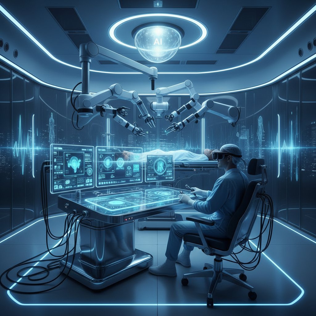 Lekarz przy konsoli robota chirurgicznego, technologia AI na ekranie