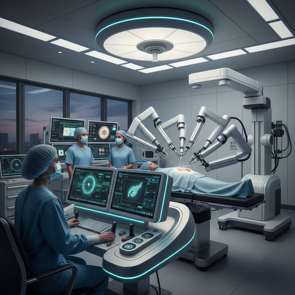 Chirurg operujący przy konsoli robota da Vinci, zespół medyczny i pacjent na sali operacyjnej w tle