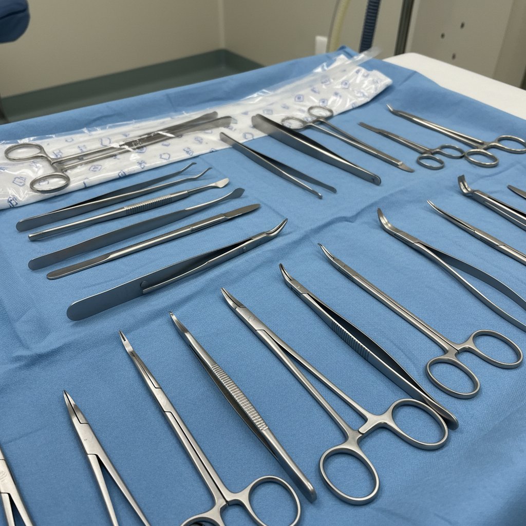 Zestaw narzędzi chirurgicznych na niebieskim tle, zbliżenie