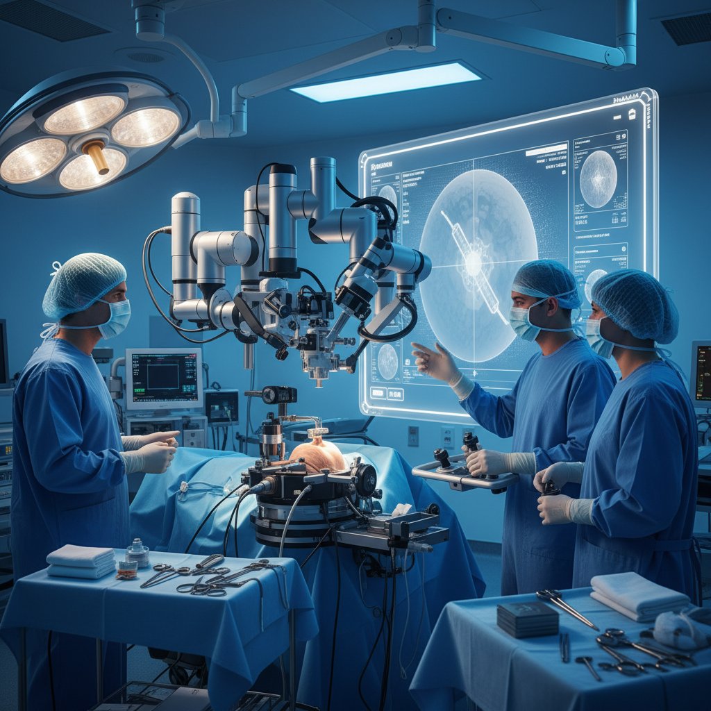 Robot chirurgiczny i zespół medyczny podczas kraniotomii, nowoczesna technologia