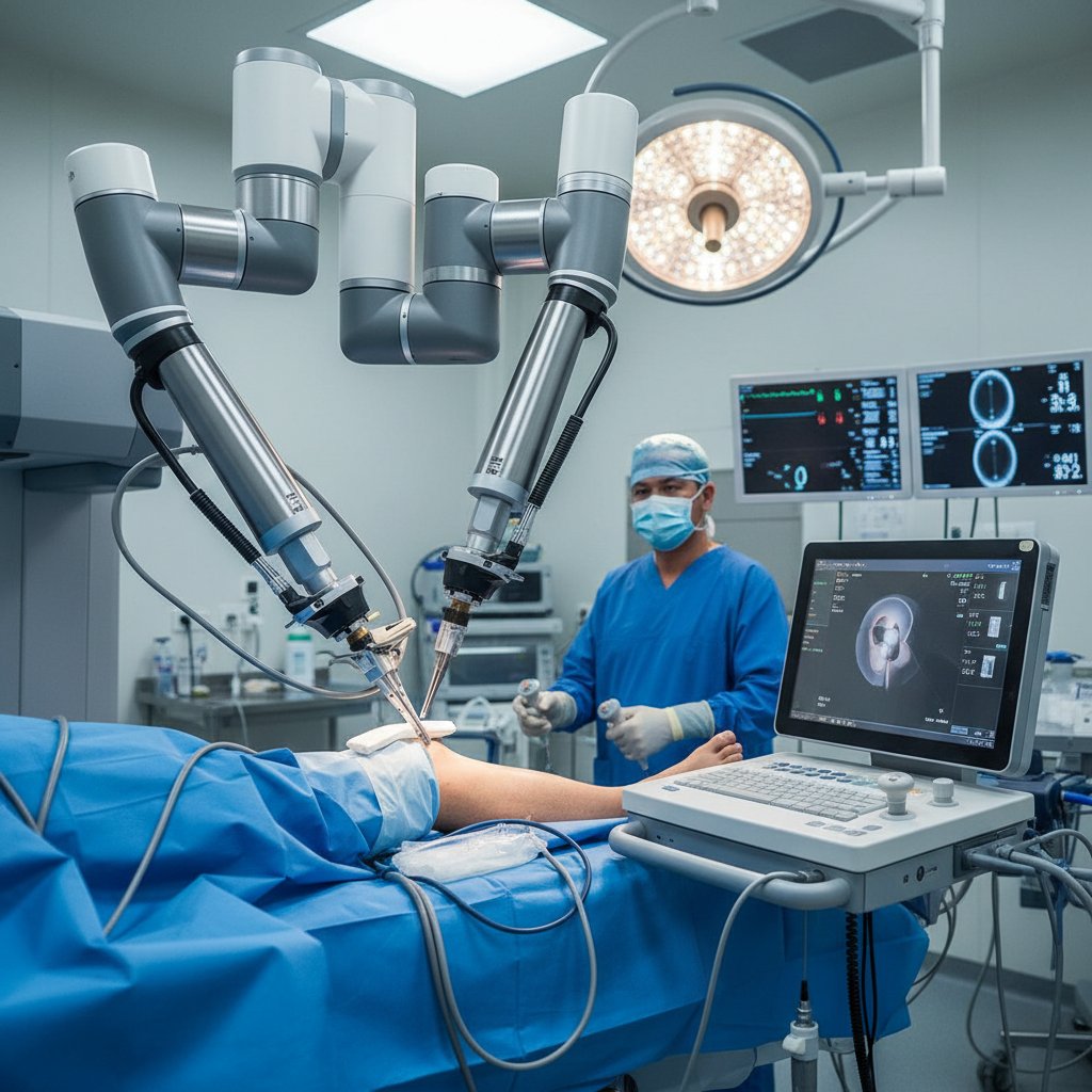 Nowoczesny robot chirurgiczny podczas osteotomii kolana, komputer w tle