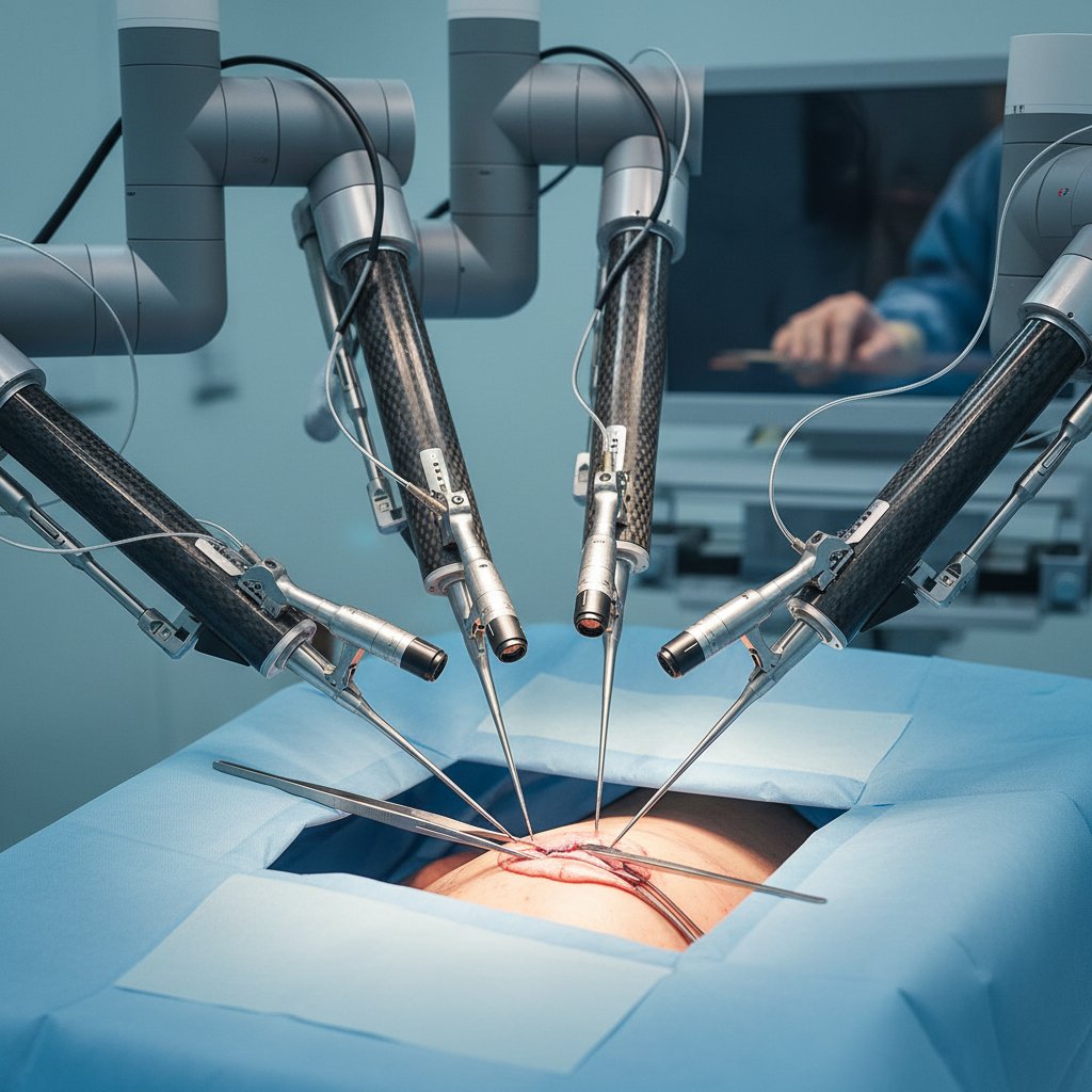 Detal ramienia robota chirurgicznego da Vinci w trakcie operacji, widoczne narzędzia i kamera