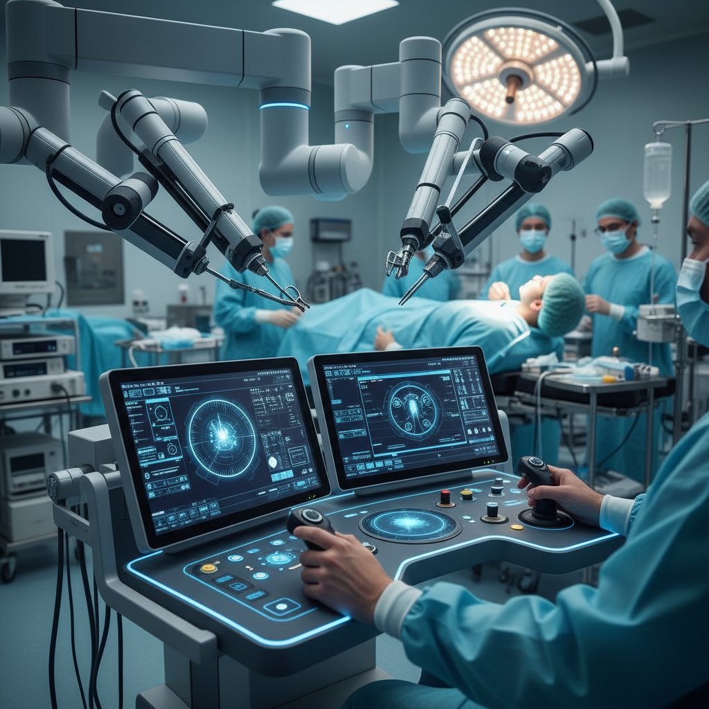 Zbliżenie na konsolę operatorską i ramiona robota chirurgicznego podczas pracy