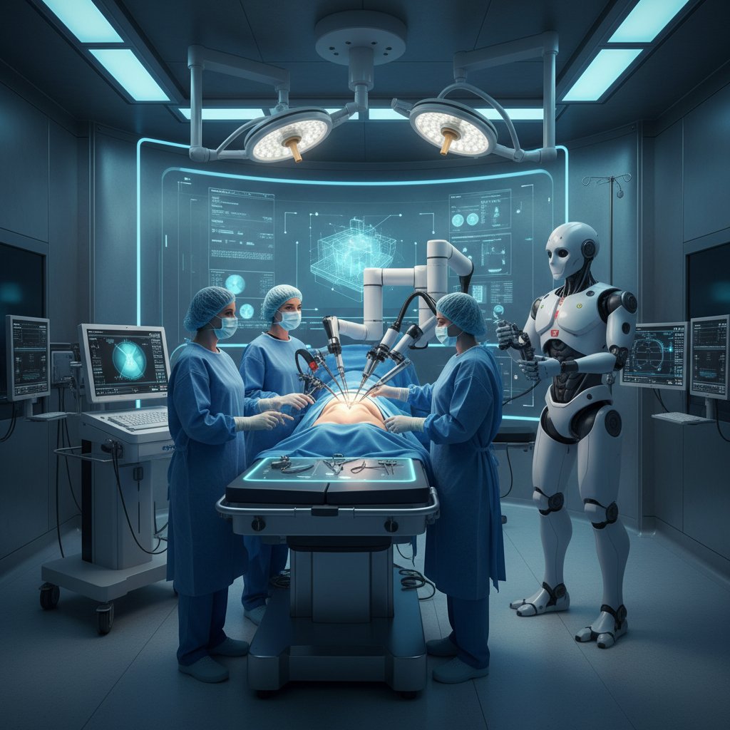 Zespół chirurgiczny podczas operacji z użyciem robota, koncentracja i współpraca na sali