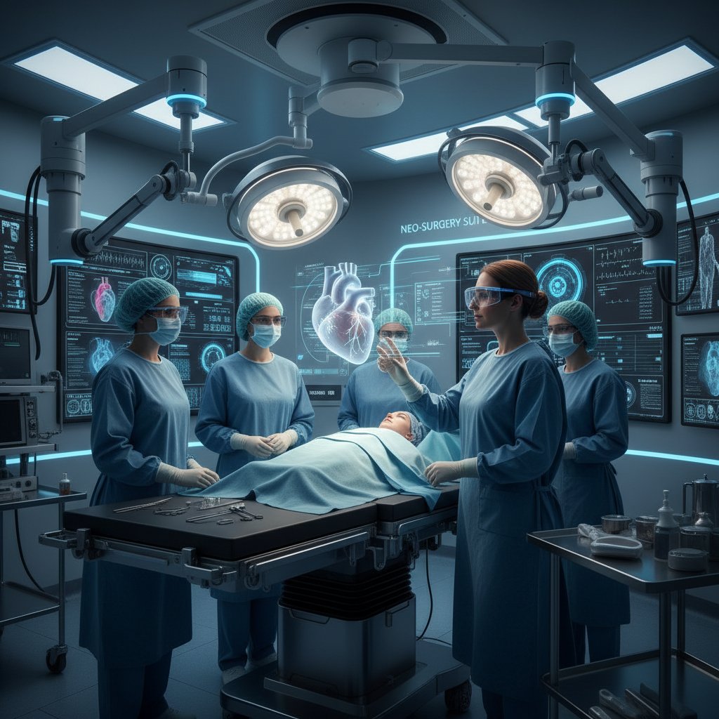 Zespół chirurgiczny korzystający z okularów AR podczas zabiegu, nowoczesny sprzęt, atmosfera innowacji