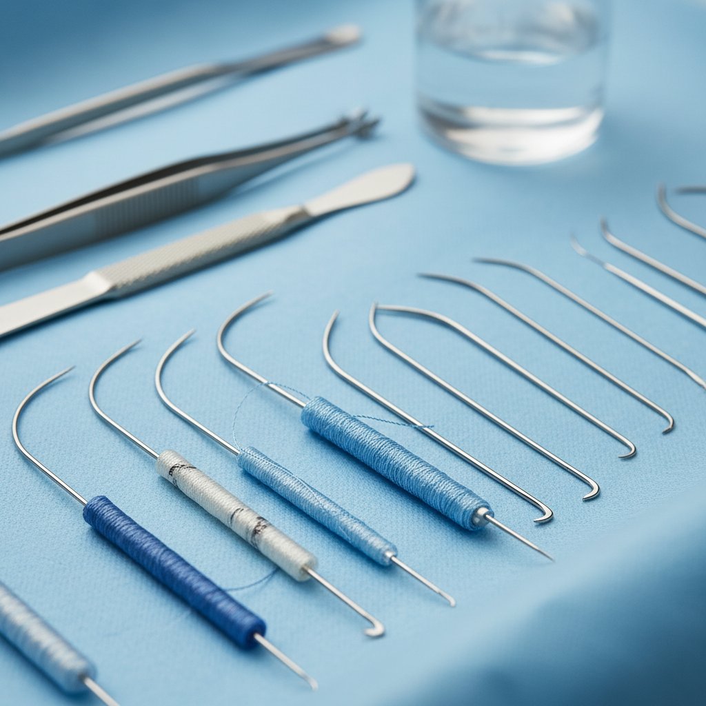 Zbliżenie na różne rodzaje nici chirurgicznych i igieł na tle sterylnym