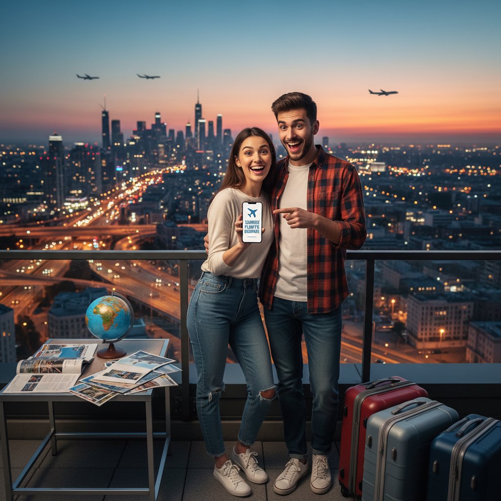 Young millennial couple laughing, suitcase in hand, mystery city skyline, spontaneous travel excitement