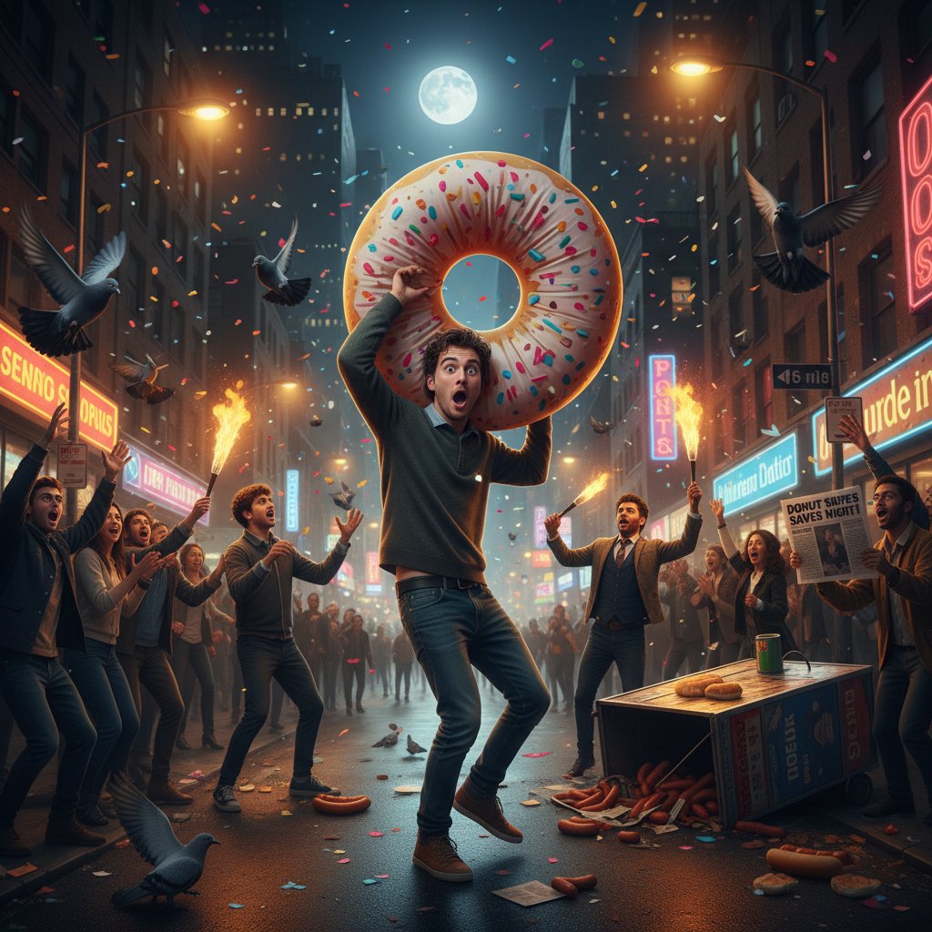 Surprised accidental hero in comedic chaos, urban city at night, candid lighting, expressive face, movie accidental hero comedy