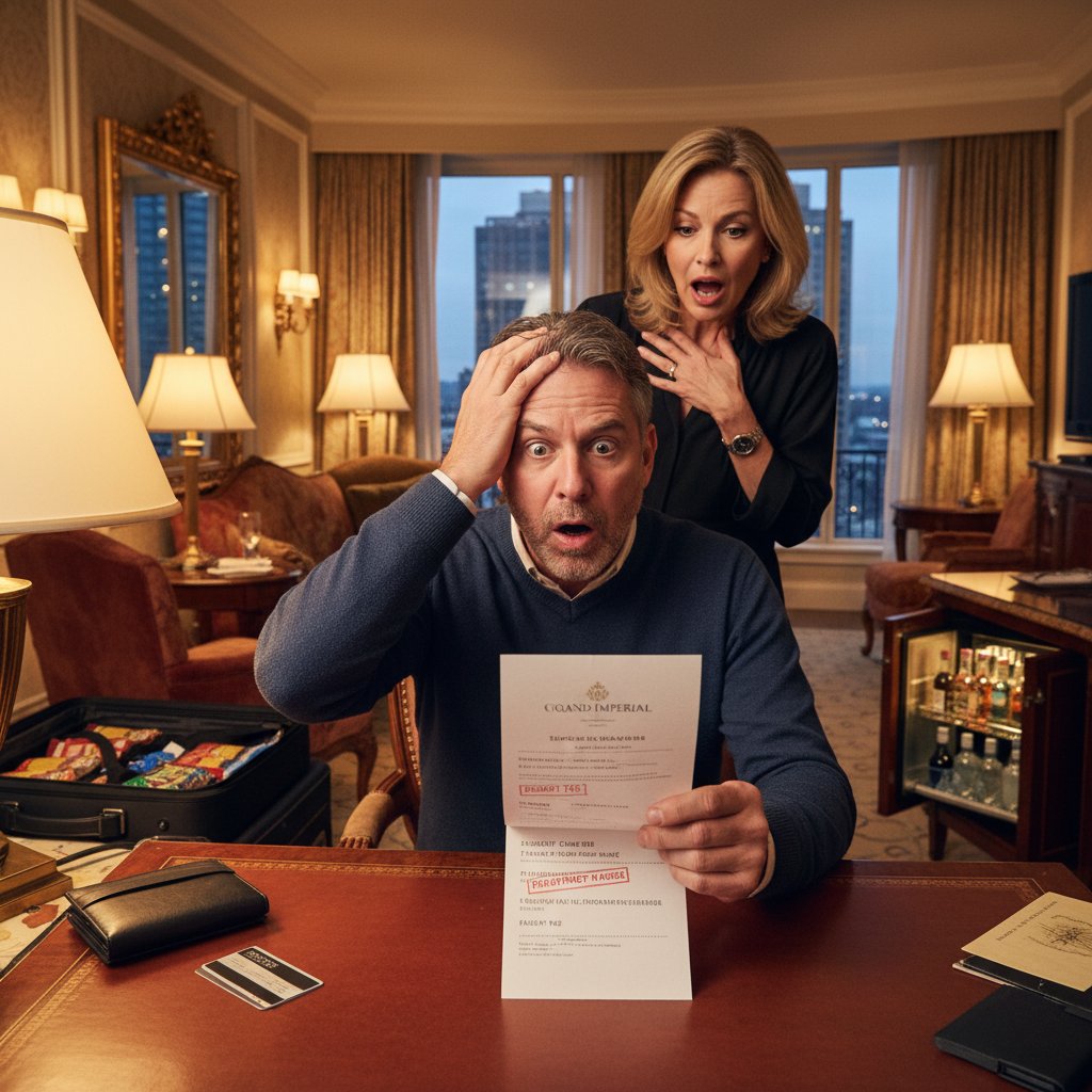 Zaskoczony gość odkrywający ukryte opłaty w hotelu pięciogwiazdkowym
