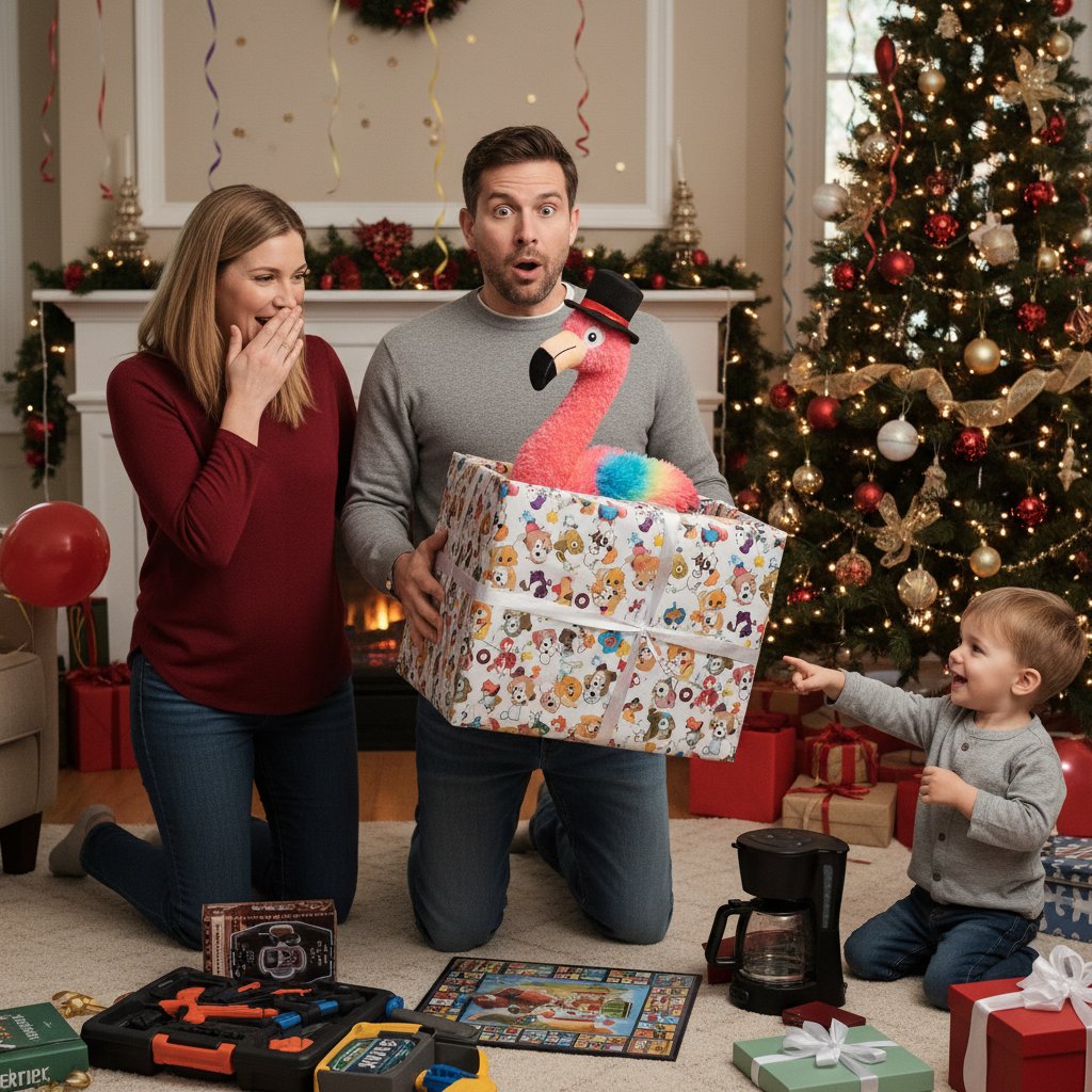 Zaskoczony mężczyzna z nietrafionym prezentem, siedzący w salonie pełnym prezentów